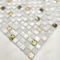 Azulejos blancos y mosaico dorado para baño y ducha Glow