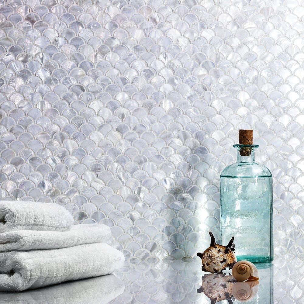 White natural mother-of-pearl mosaic tiles for bathroom walls